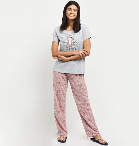 Women Grey Melange & Pink Printed Night suit 100% COTTON